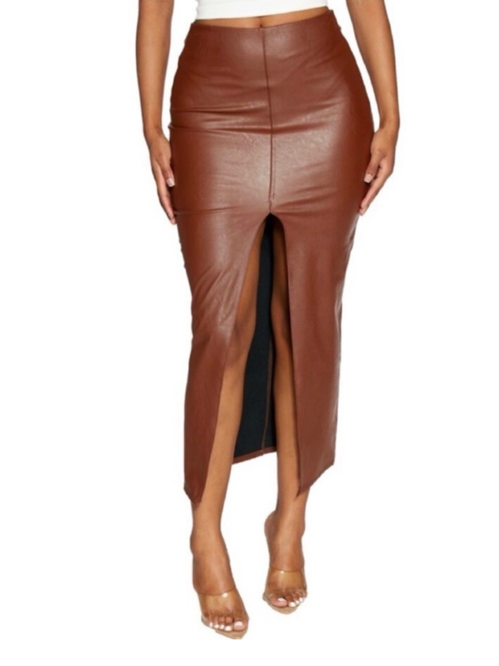 Naked Wardrobe High-Waist Brown Faux Leather Midi Skirt with Front Slit Size XS